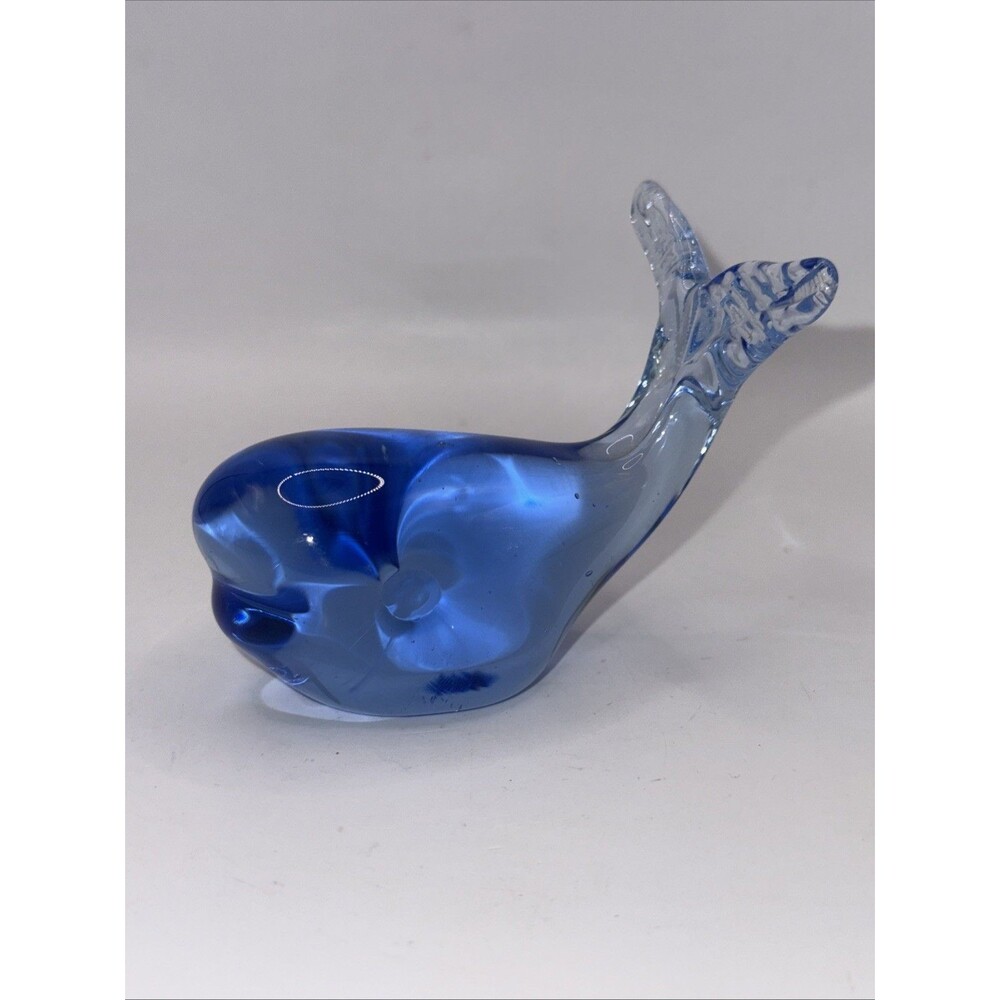 Hand Blown Art Glass Whale Figurine Blue Paper Weight No Chips